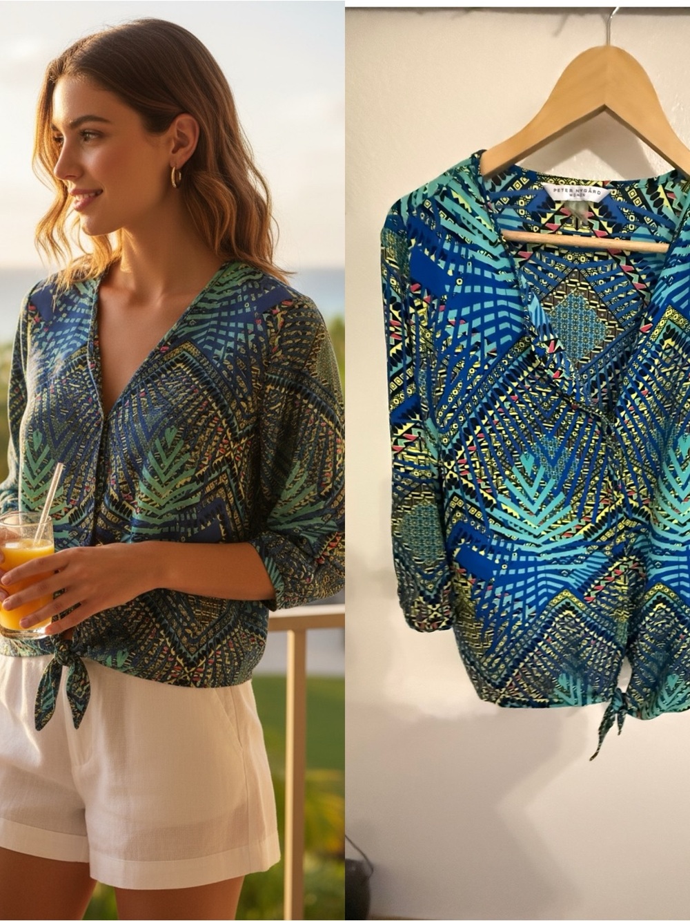 Peter Nygard Women’s 16W Blue Geometric Print Tie Front Blouse 3/4 Sleeve